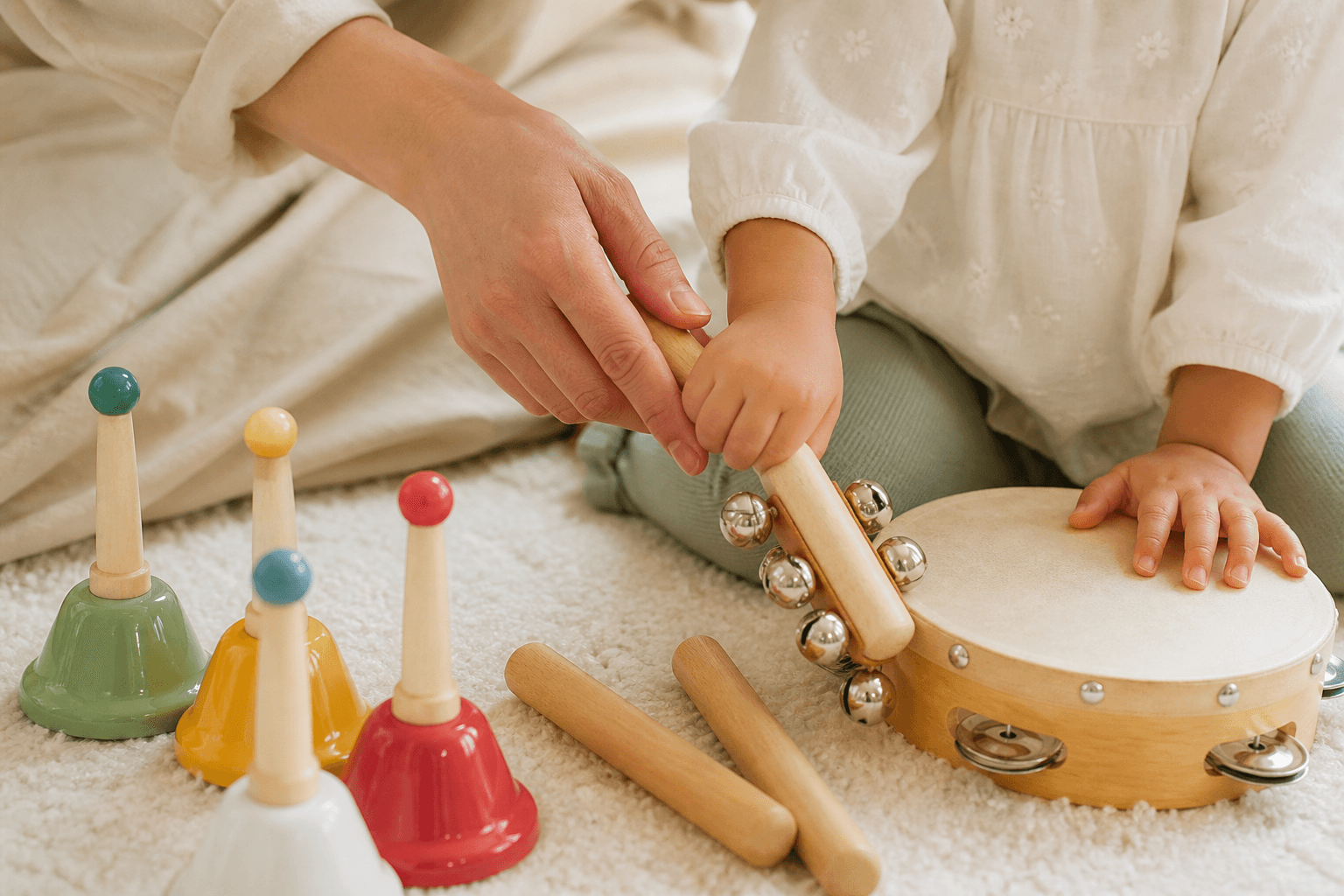 小さな楽器に触れる親子の手