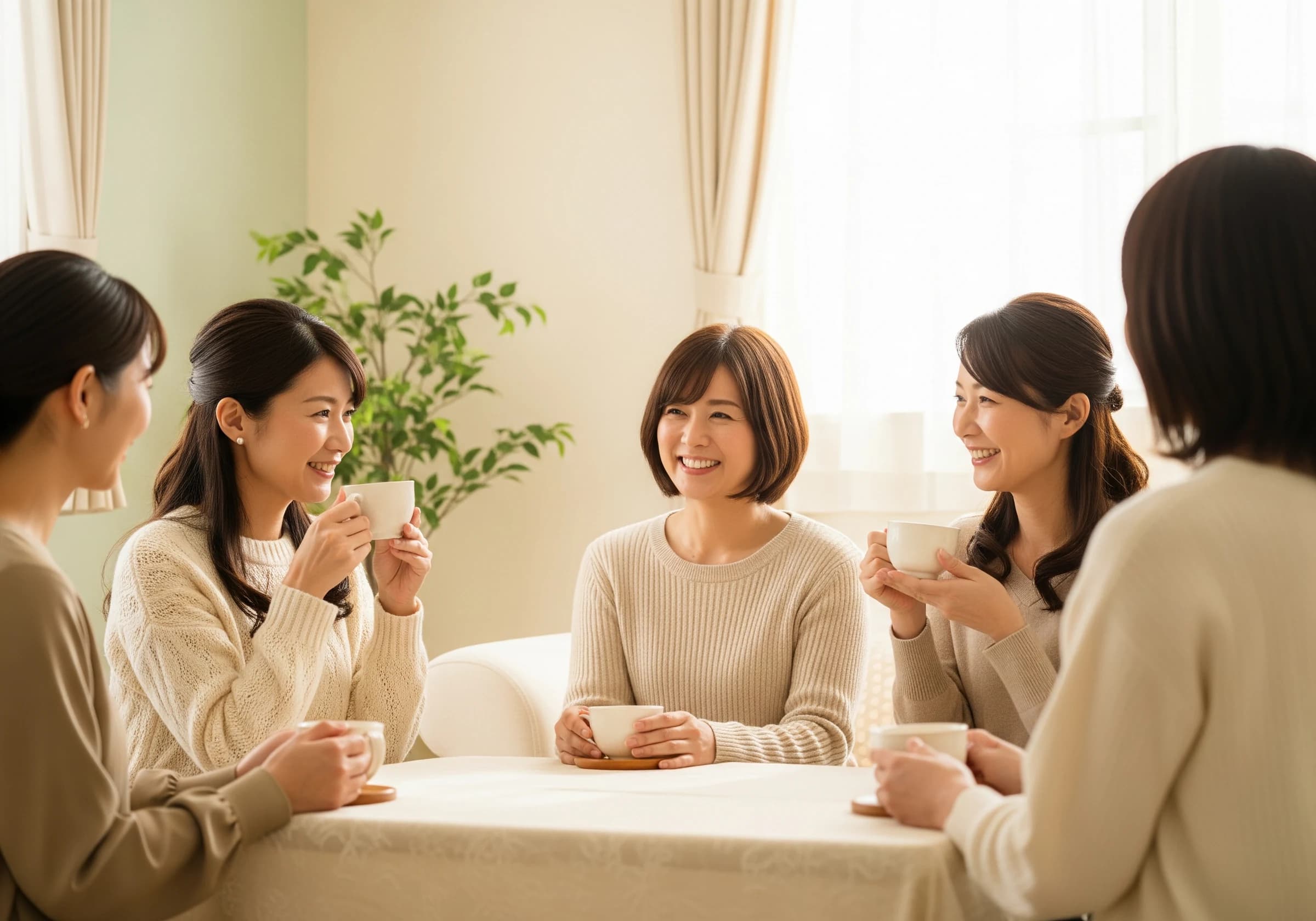 お茶を飲んでくつろぐお母さんたち